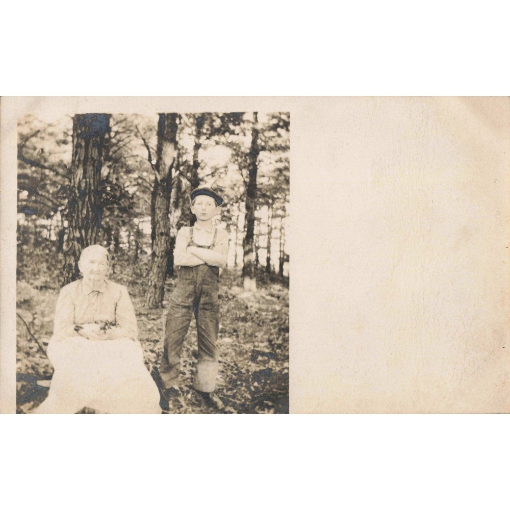 Antique RPPC Real Photo Postcard Elderly Woman Boy Overalls Forest CYKO - Picture 1 of 2